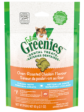 Gâteries dentaires pour chats adultes FELINE GREENIES, saveur de poulet rôti au four, sachet de 2,1 oz
