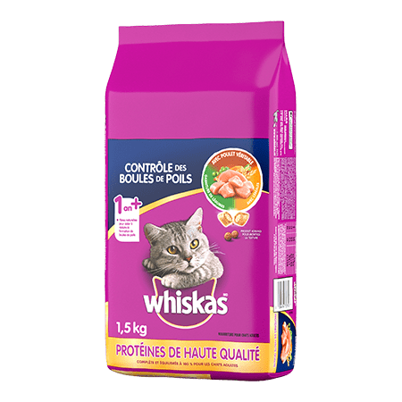 Nourriture sèche pour chats WHISKAS<sup>MD</sup> Contrôle des boules de poils avec poulet véritable