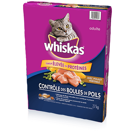 Nourriture sèche pour chats WHISKAS<sup>MD</sup> Contrôle des boules de poils avec poulet véritable, 7,7 kg