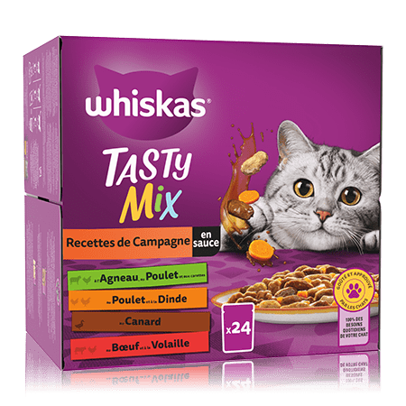 Whiskas Tasty Mix Sachets Fraîcheur Recettes De Campagne En Sauce Pour Chat Adulte 4 Variétés 24 X 85G