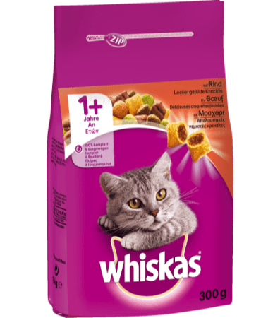 WHISKAS® ADULT 1+ Πλήρης και Ισορροπημένη Ξηρή Τροφή για Γάτα με Μοσχάρι 300g