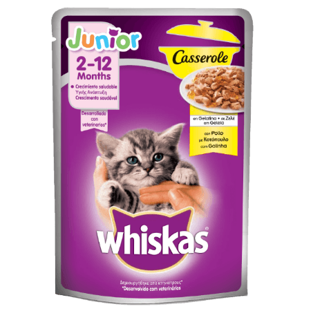 WHISKAS® JUNIOR 2-12 Μηνών Γατάκι Casserole Φακελάκι Κοτόπουλο σε Ζελέ 85g