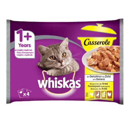 WHISKAS® 1+ Casserole Φακελάκι Πολυσυσκευασία με Επιλεγμένα Πουλερικά (Κοτόπουλο, Πάπια, Πουλερικά, Γαλοπούλα) σε Ζελέ 4x85g