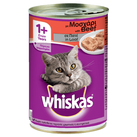 WHISKAS® 1+ Κονσέρβα με Μοσχάρι Πατέ 400g