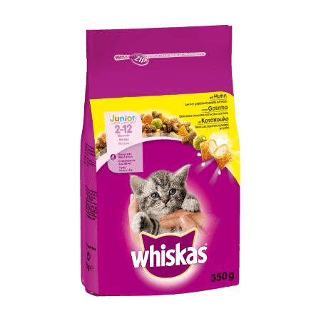 WHISKAS® JUNIOR 2-12 Μηνών Γατάκι Πλήρης Ξηρή τροφή με Κοτόπουλο και Γεμιστές Κροκέτες με Γάλα 350g