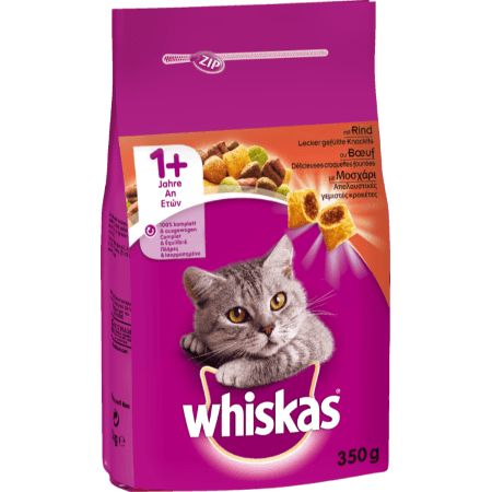 WHISKAS® ADULT 1+ Πλήρης και Ισορροπημένη Ξηρή Τροφή για Γάτα με Μοσχάρι 350g