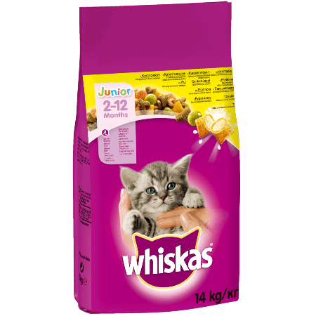 WHISKAS® JUNIOR 2-12 Μηνών Πλήρης Ξηρή Τροφή με Κοτόπουλο και Γεμιστές Κροκέτες με Γάλα 14kg