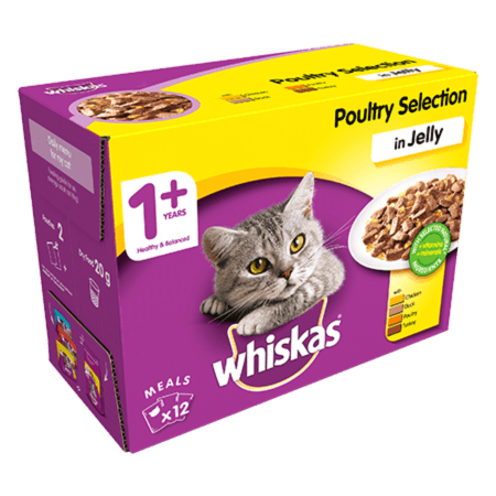 WHISKAS® 1+ Φακελάκι Πολυσυσκευασία με Επιλεγμένα Πουλερικά (Κοτόπουλο, Πάπια, Πουλερικά, Γαλοπούλα) 12x100g