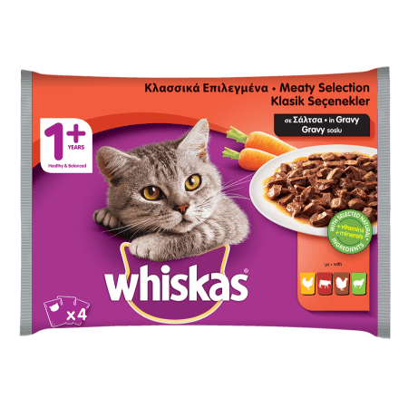 WHISKAS® 1+ Φακελάκι Πολυσυσκευασία με Επιλεγμένο Κρέας (Κοτόπουλο, Μοσχάρι, Αρνάκι, Γαλοπούλα) σε Σάλτσα 4x100g