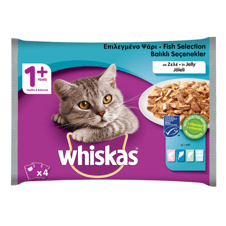 WHISKAS® 1+ Φακελάκι Πολυσυσκευασία με Γεύσεις της Θάλασσας (Τόνος, Σολομός, Μπακαλιάρος, Ψάρια Ωκεανού) σε Ζελέ 4x100g