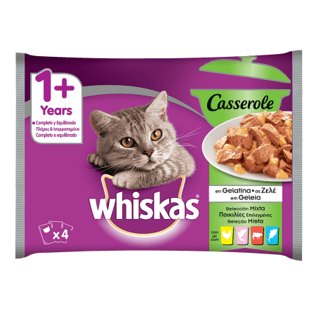 WHISKAS® 1+ Φακελάκια για γάτα Casserole Πολυσυσκευασία με Επιλεγμένες Ποικιλίες (Κοτόπουλο, Σολομός, Μοσχάρι, Τόνος) σε Ζελέ 4x85g