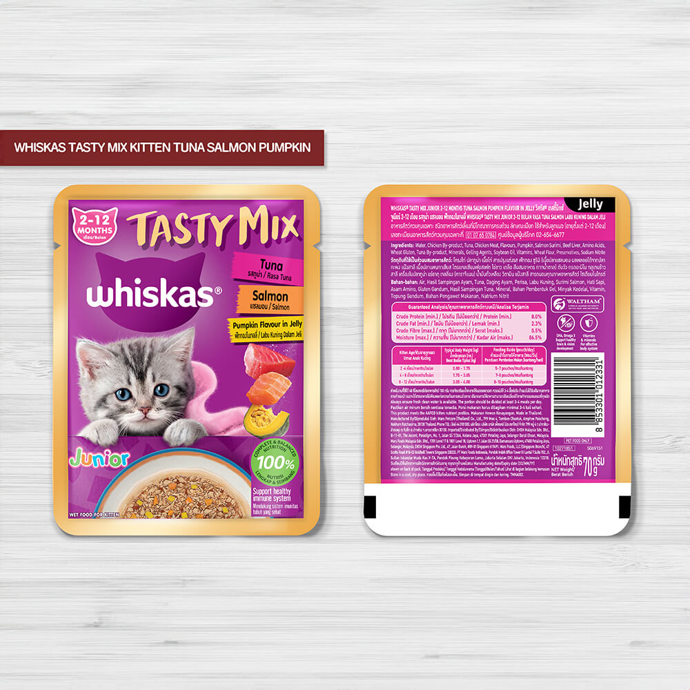 Whiskas® Tasty Mix 212 Bulan Rasa Tuna Salmon Labu Dalam Jeli